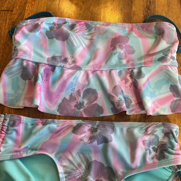 Justice Girls bikini pink and turquoise floral pattern size 12 - Picture 3 of 15